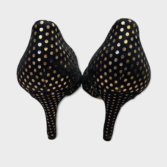 Brian Atwood Peep Toe Stiletto Wedge In Black With Gold Dots Size 35 - Picture 6 of 8